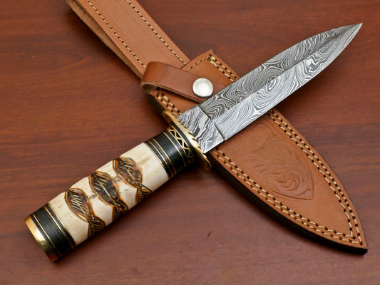  Burn Camel Bone Damascus Art Dagger Bowie – 11" Custom Hunting Knife
