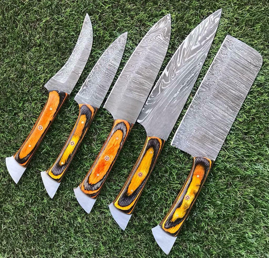 CUSTOM HANDMADE TWIST DAMASCUS STEEL CHEF KNIFE SET – WALNUT HANDLE 
