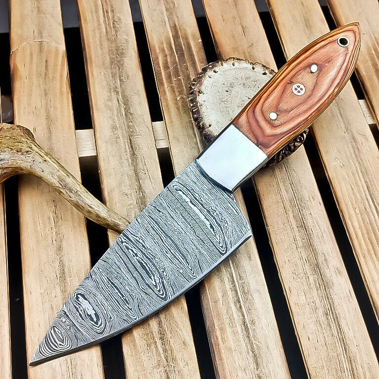 CUSTOM Handmade DAMASCUS STEEL CHEF KNIFE – Full Tang Knife, Natural Wood Handle, Mosaic Pin