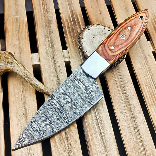 CUSTOM Handmade DAMASCUS STEEL CHEF KNIFE – Full Tang Knife, Natural Wood Handle, Mosaic Pin