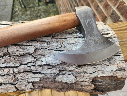 Handmade Carbon Steel Viking Axe with Wooden Handle and Leather Sheath