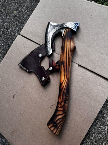 Handmade Carbon Steel Viking Throwing Axe with Walnut Wood Handle and Leather Sheath