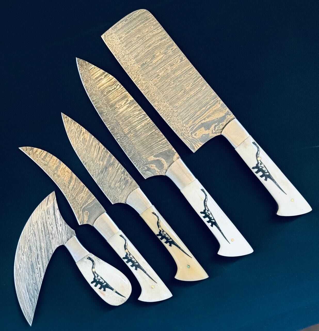 Chef Knives Set of 5 Scrimshaw ~ Fire Storm Damascus Steel for Kitchen