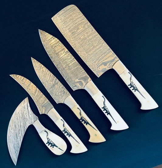 Chef Knives Set of 5 Scrimshaw ~ Fire Storm Damascus Steel for Kitchen