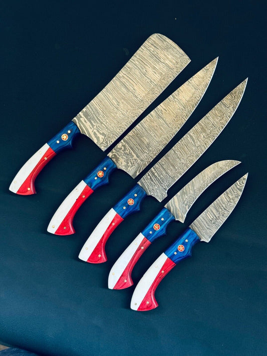 Chef Knives Set of 5 – Texas Flag Fire Storm Damascus Steel Kitchen Knife Collection