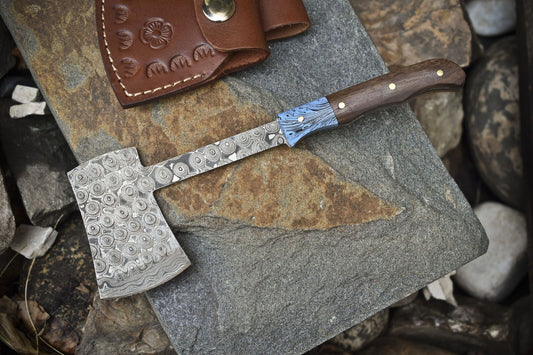 Clever Chopper Axe Knife Rain Drop Damascus Walnut Wood with Leather Sheath