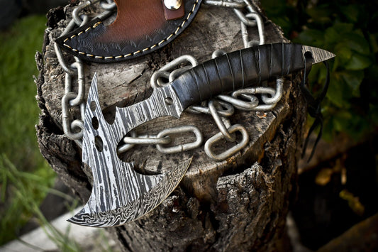 Clever Chopper Axe Knife Twist Damascus Steel with Leather Wrapped Wootz Handle and Sheath