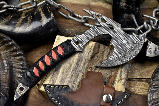 Clever Chopper Axe Knife Twist Damascus with Leather Wrapped Wootz Handle and Leather Sheath