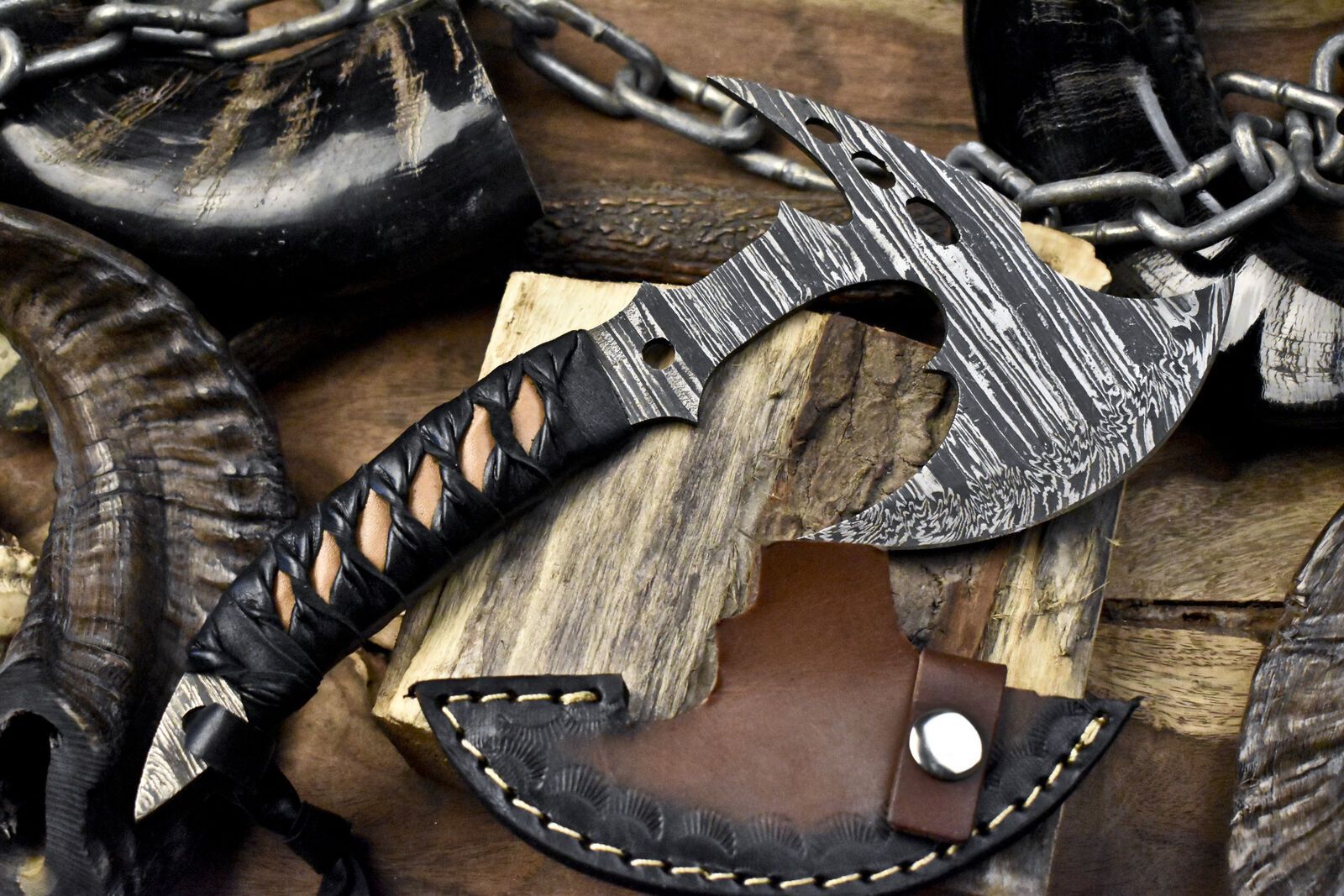 Clever Chopper Axe Knife Twist Damascus with Leather Wrapped Wootz Handle and Sheath