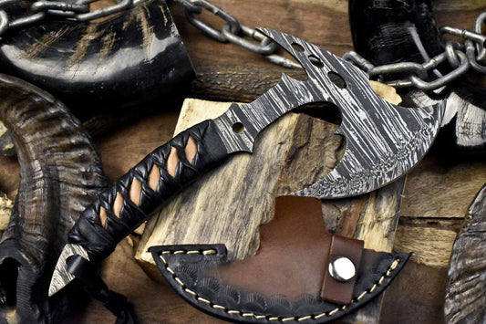 Clever Chopper Axe Knife Twist Damascus with Leather Wrapped Wootz Handle and Sheath