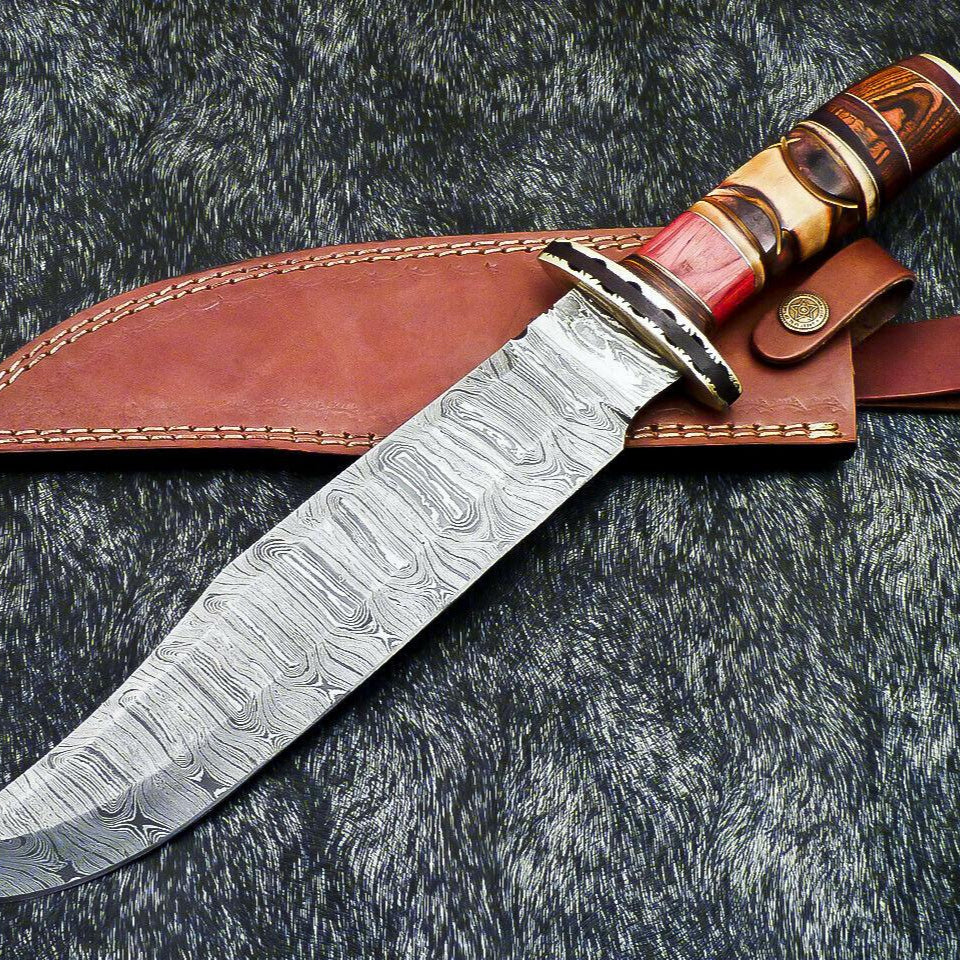 Colossus 15.5 Inch Damascus Bowie Hunting Knife | Hard Wood Handle