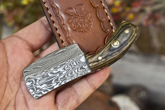 Compact Damascus Skinner Knife with Hardwood Handle EDC for Hunting and Camping
