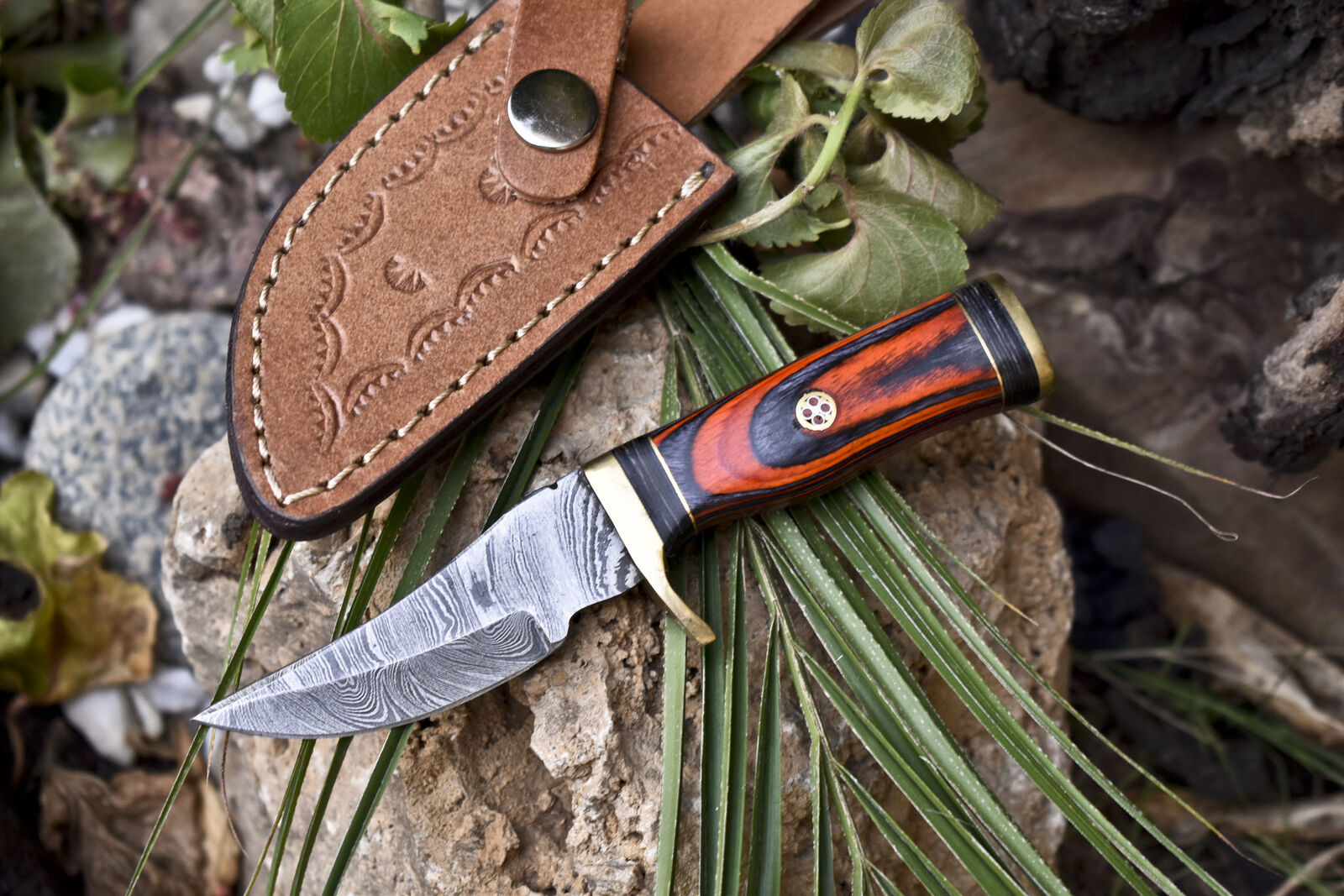 Compact Damascus Steel Skinner Knife with Hardwood Handle and Brass Guard – EDC Hunting Blade with Leather Sheath