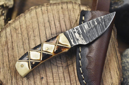 Compact Handmade Damascus Skinner Knife with Bone Handle – Twist Pattern Veterans Gift