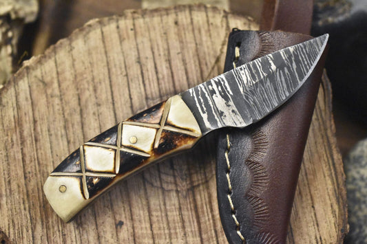 Compact Handmade Damascus Skinner Knife with Bone Handle – Twist Pattern Veterans Gift