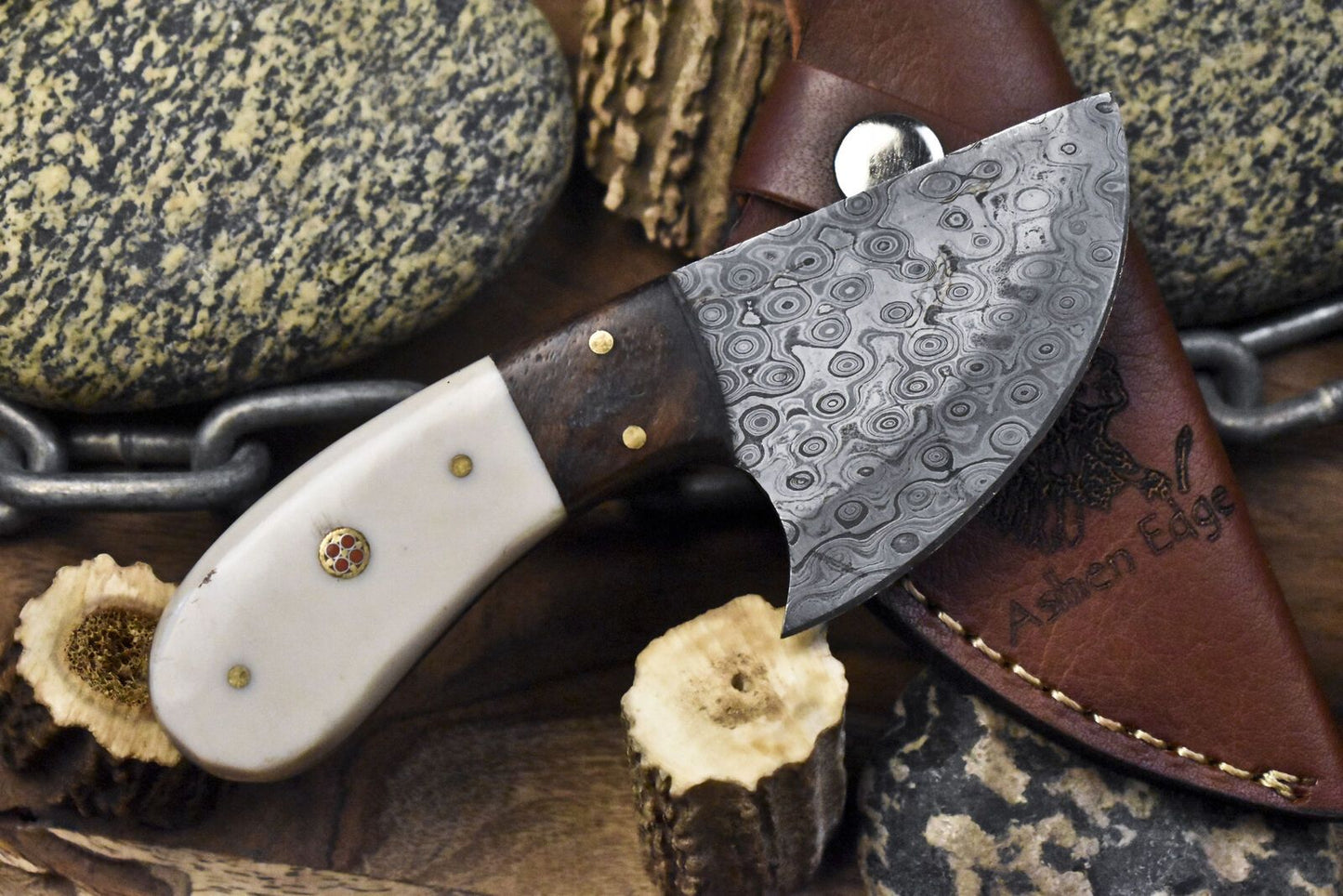 Compact Rain Drop Damascus Skinner Knife with Bone Handle & Wooden Bolster – Handmade Hunting Gift with Sheath