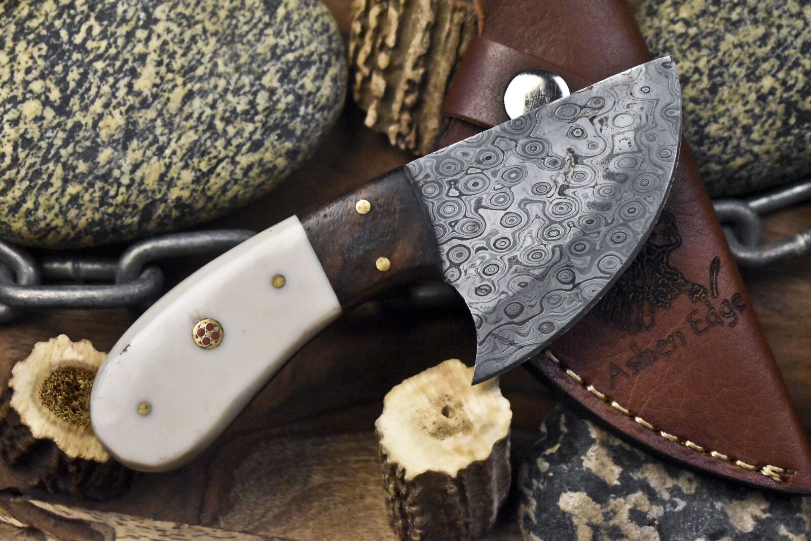 Compact Rain Drop Damascus Skinner Knife with Bone Handle & Wooden Bolster – Handmade Hunting Gift with Sheath