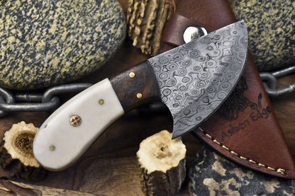 Compact Rain Drop Damascus Skinner Knife with Bone Handle & Wooden Bolster – Handmade Hunting Gift with Sheath