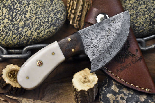 Compact Rain Drop Damascus Skinner Knife with Bone Handle & Wooden Bolster – Handmade Hunting Gift with Sheath