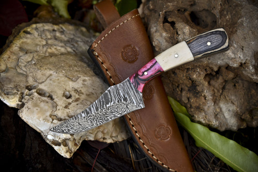 Compact Twist Damascus Skinner Knife Bone Wood Handle Micarta Bolster Gift Blade