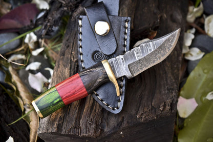 Compact Twist Damascus Skinner Knife with Hardwood Handle and Brass Guard – Handmade Custom Hiking Knife