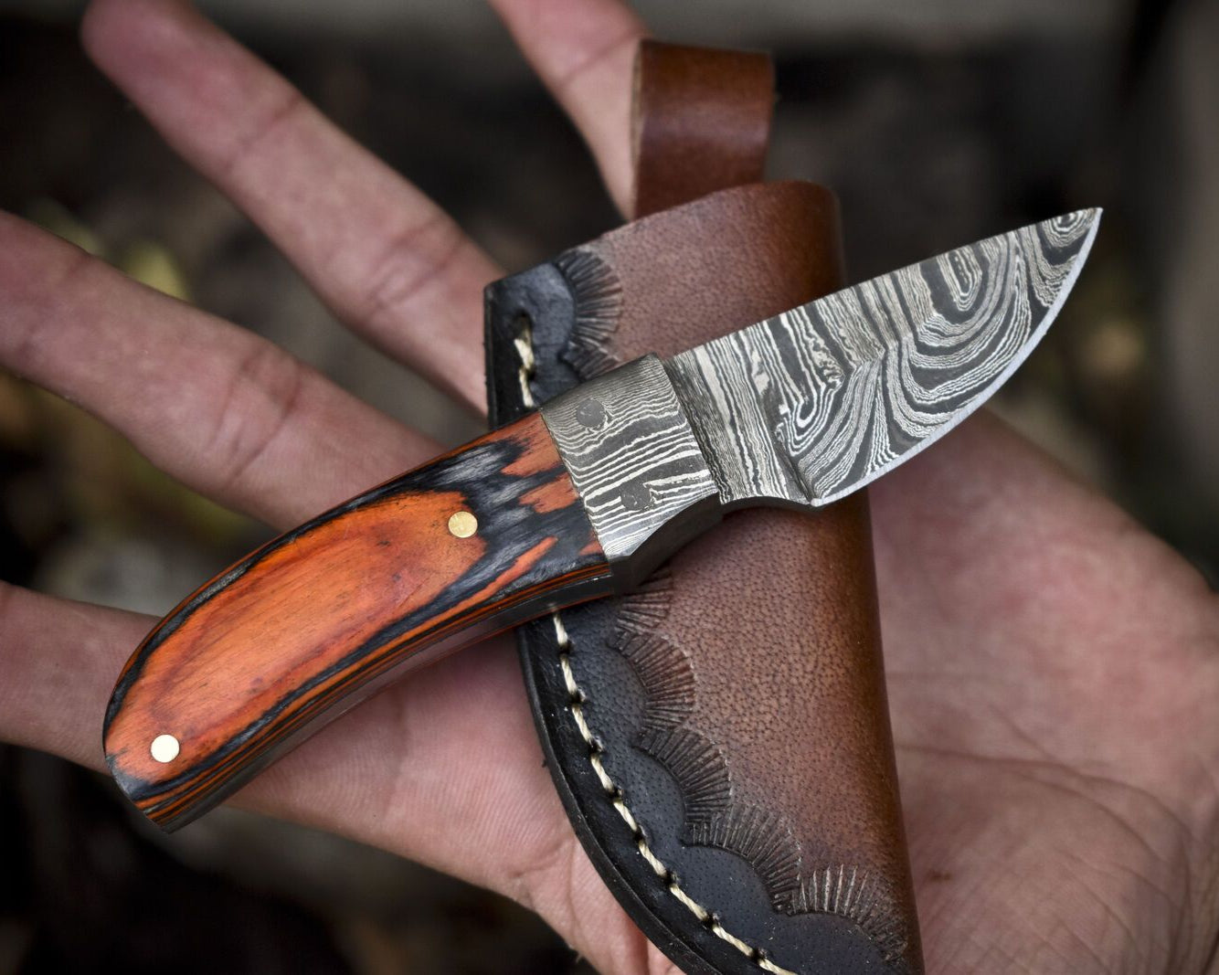 Compact Twist Damascus Skinner Knife with Hardwood Handle and Damascus Bolster EDC