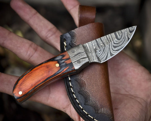 Compact Twist Damascus Skinner Knife with Hardwood Handle and Damascus Bolster EDC