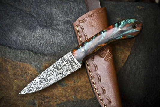 Compact Twist Damascus Skinner Knife with Micarta Handle Razor Sharp for Outdoor Use