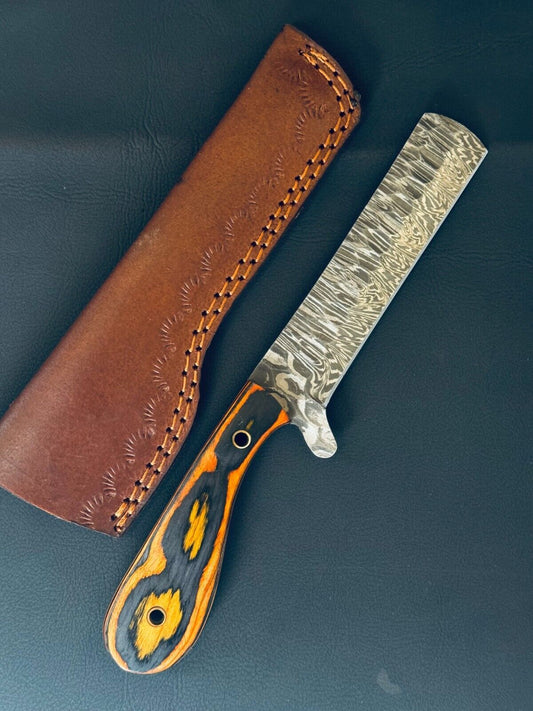 Cowboy Bull Cutter Knife 12" Fire Storm Damascus Steel Bull Cutter Knife With Wood Handle