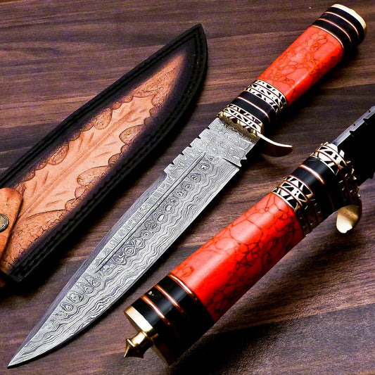 Crimson Fang 13 Inch Damascus Bowie Knife | Red Jasper & Horn Brass Handle with Leather Sheath