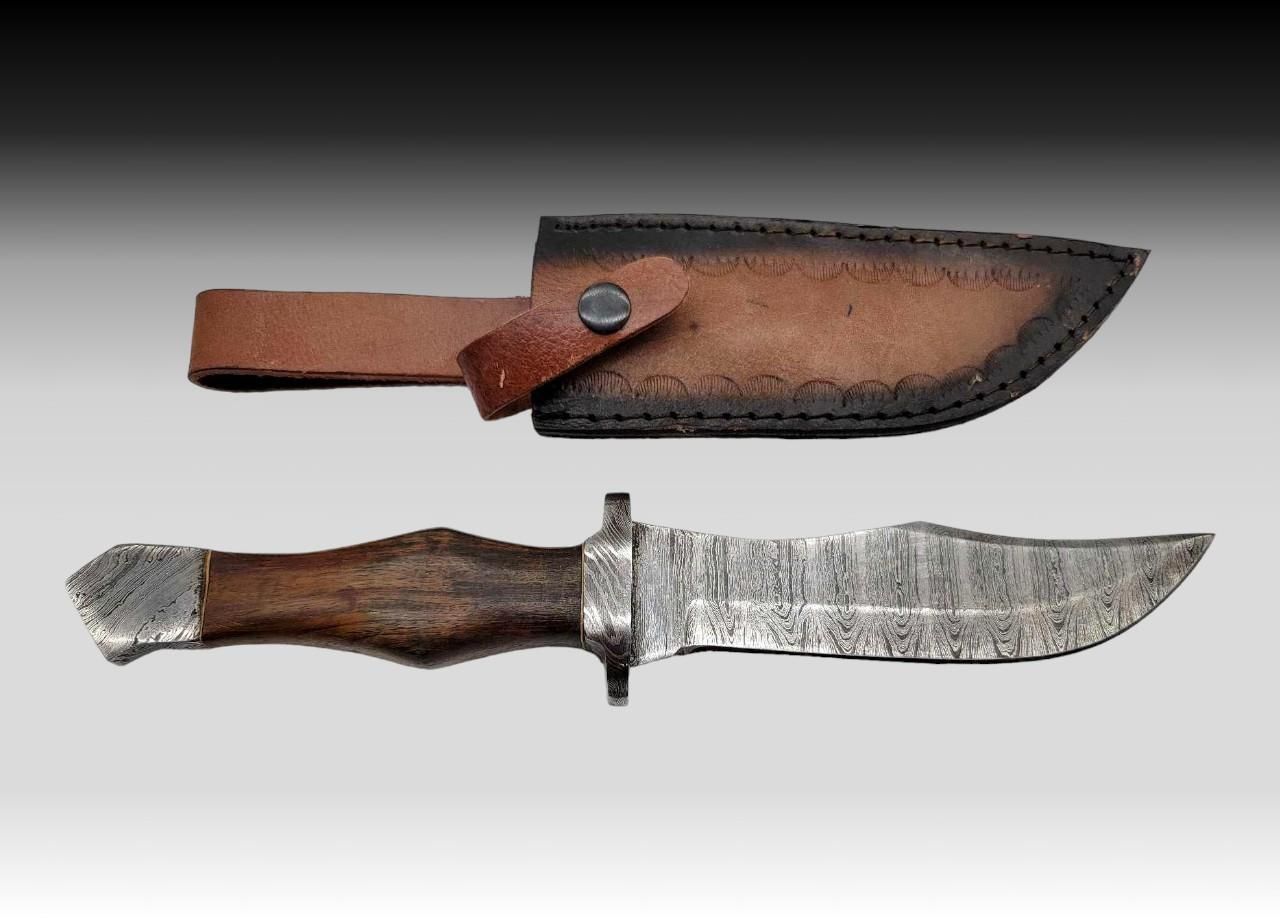 Custom Damascus Bowie Knife – Clip Point Fixed Blade with Wood Handle, Pommel & Leather Sheath | Heritage Forge