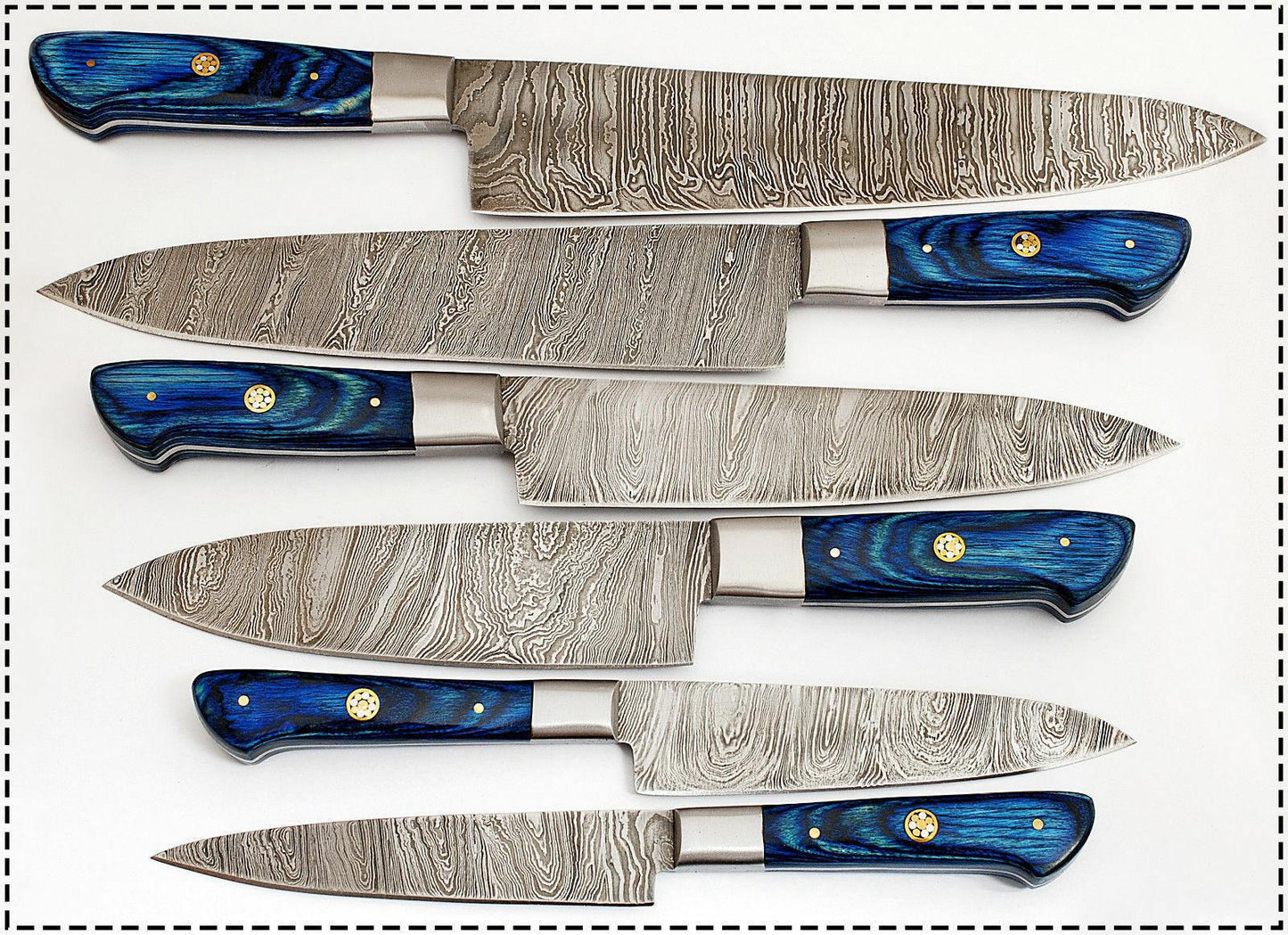 Custom Damascus Chef Knife Set – 5 Pc Pro Kitchen Knives with Blue Wood Handle