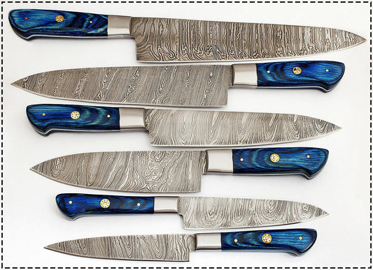 Custom Damascus Chef Knife Set – 5 Pc Pro Kitchen Knives with Blue Wood Handle