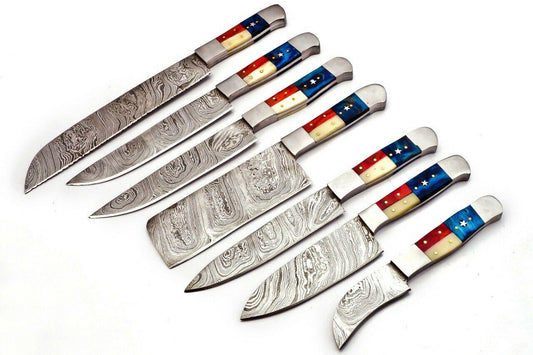 Custom Damascus Steel Chef Knife Set – Full Tang Texas Flag Knives with Leather Sheath