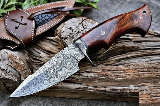 Custom Handmade Damascus Steel Bowie Knife – Rosewood Handle with Leather Sheath | Heritage Forge