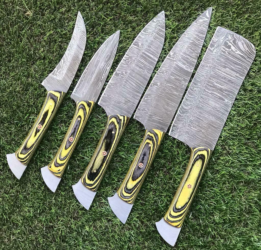 Custom Handmade Damascus Steel Chef Knife Set – 5 PCS Twist Pattern Walnut Handle