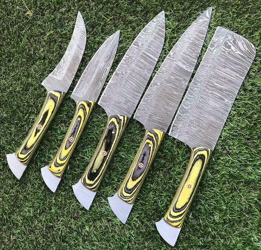 Custom Handmade Damascus Steel Chef Knife Set – 5 PCS Twist Pattern Walnut Handle
