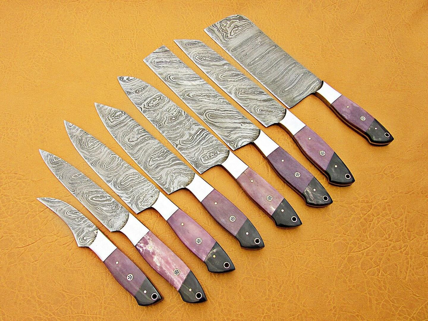 Custom Handmade Damascus Steel Chef Knife Set – Purple Bone & Buffalo Horn Handle 