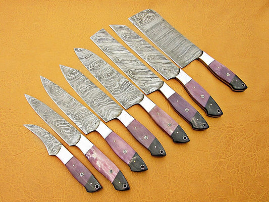 Custom Handmade Damascus Steel Chef Knife Set – Purple Bone & Buffalo Horn Handle 