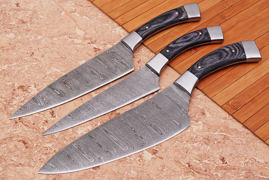 Custom Japanese Damascus Chef Knife Set – Full Tang, Hand Forged with Leather Case
