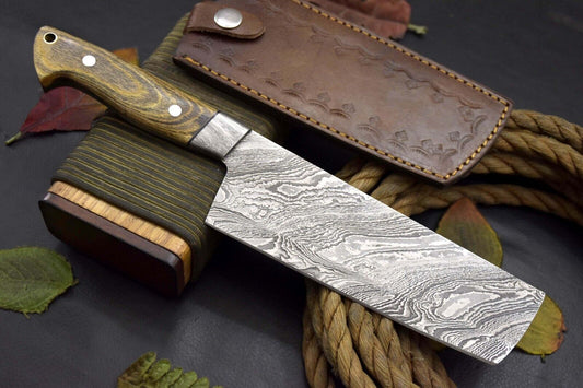 Custom 11.1 Inch Overall Handmade Damascus Steel Fixed Blade Nakiri Chef Knife with Leather Sheath