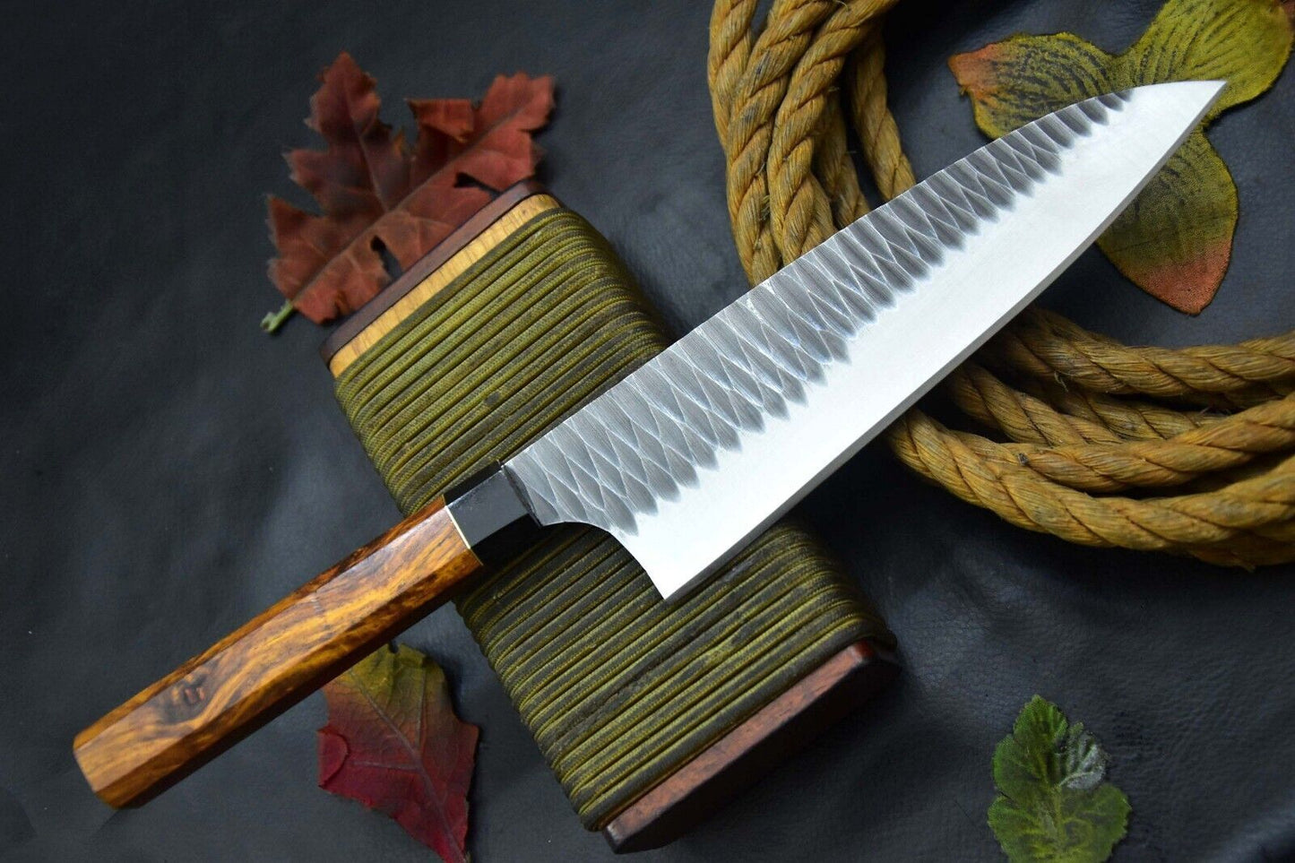 Custom 12.6" Hammered Spring Steel 5160 Chef Kitchen Knife with Walnut & Horn Handle