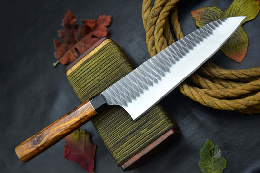 Custom 12.6" Hammered Spring Steel 5160 Chef Kitchen Knife with Walnut & Horn Handle