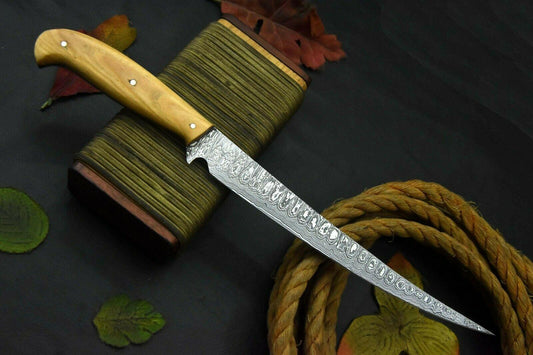 Custom 13.0" OAL Handmade Damascus Fillet Knife &amp; Damascus Steel Fillet Knife W/Sheath