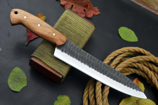 Custom 13.4" Hammered 5160 Spring Steel Chef Knife with Walnut Handle – Handmade