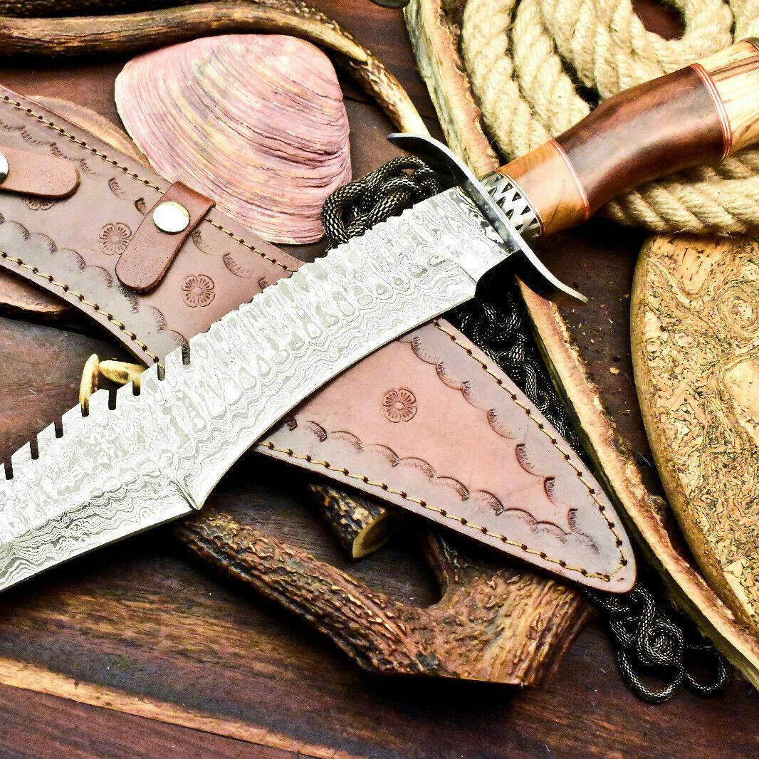 Custom 17.5" Handmade Damascus Bowie Hunting Knife – Walnut Wood Handle with Leather Sheath