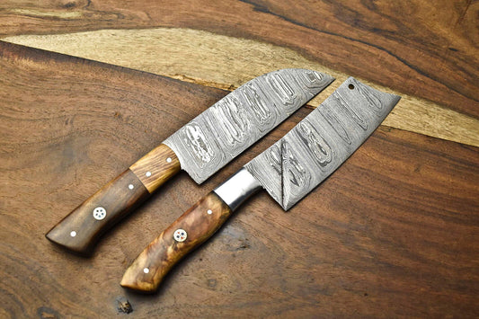Custom 2 Handmade Hammered Damascus Steel Blade Chef Set Knife