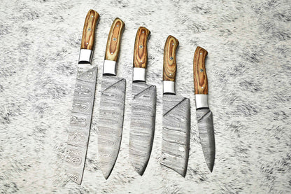 Custom 5-Piece Handmade Damascus Steel Chef Knife Set | Full Tang Kitchen Knives