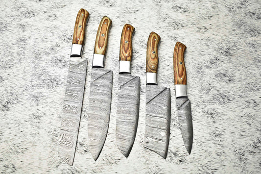 Custom 5-Piece Handmade Damascus Steel Chef Knife Set | Full Tang Kitchen Knives