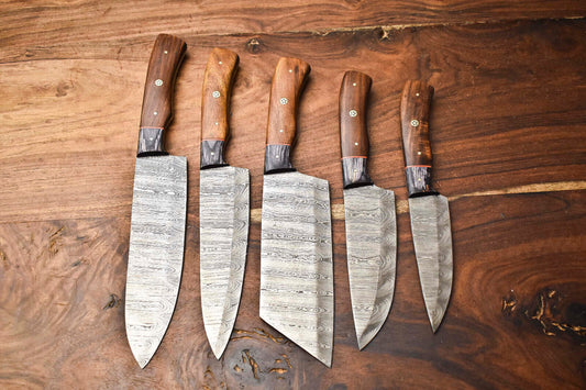 Custom 5-Piece Handmade Hammered Damascus Steel Chef Knife Set